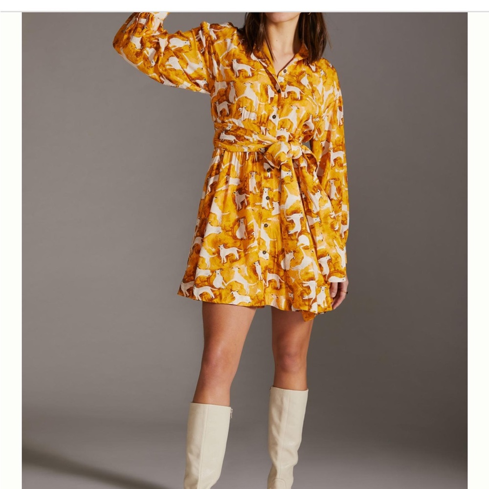XS Anthropology Maeve mini shirt dress in gold/yellow. New without tags.